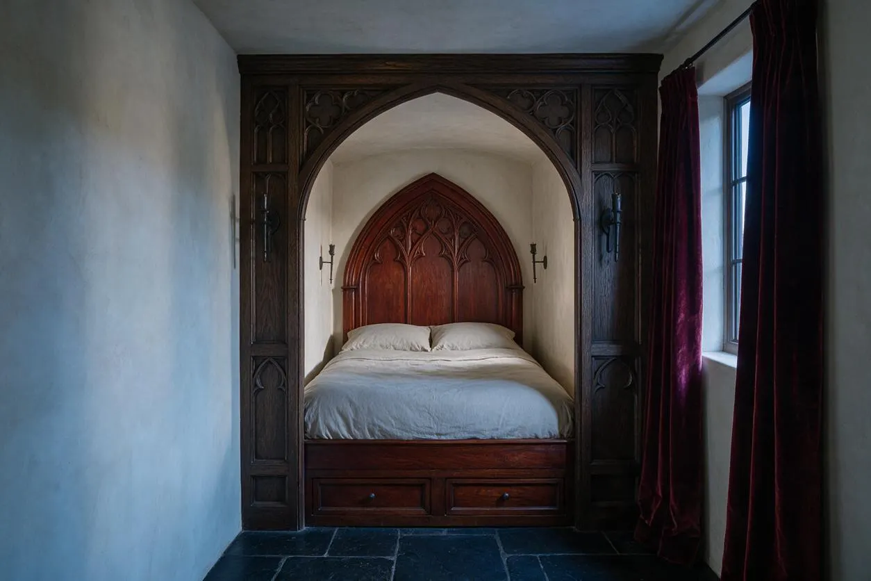 A compact studio apartment bedroom framed by a dark carved wooden Gothic arch and paneling. Inside the alcove is a bed with a tall pointed headboard in rich wood, white bedding, and stone-look dark floor tiles, with deep burgundy velvet curtains by a window on the right.