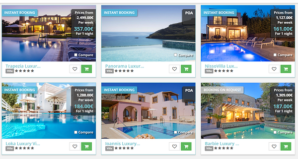 A grid of luxury villa listings with images, pricing, and booking options.