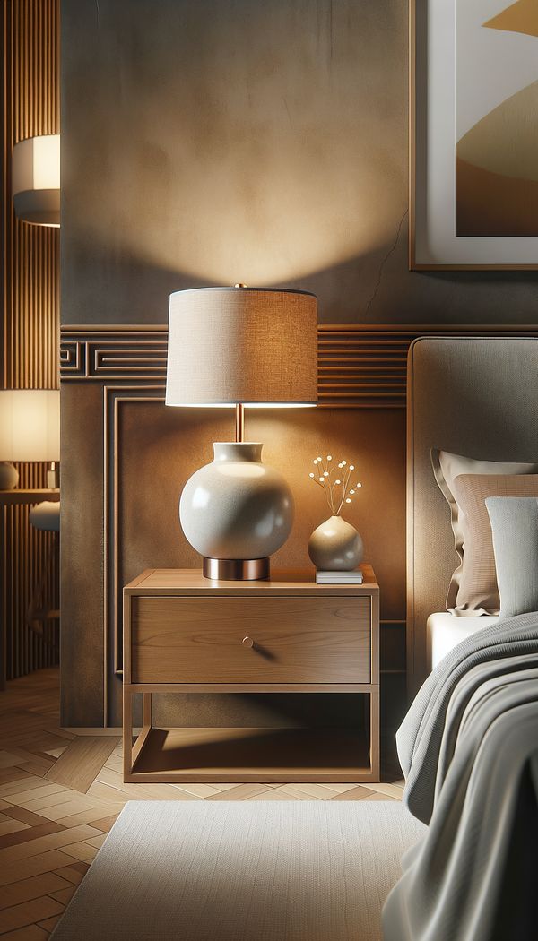 A stylish, modern table lamp with a ceramic base and a fabric shade, placed on a wooden nightstand beside a bed in a well-decorated bedroom.