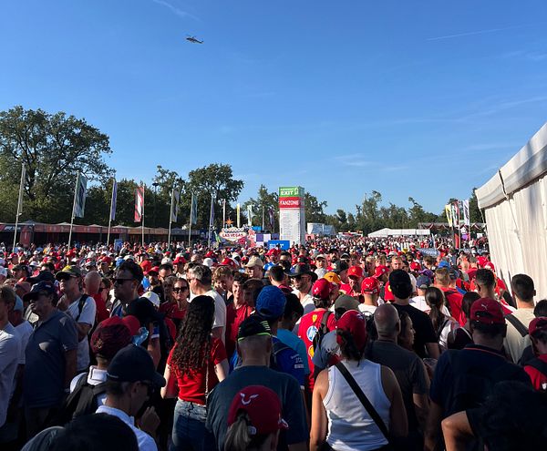 A large crowd of Formula 1 fans gathered at an event under a clear blue sky.
