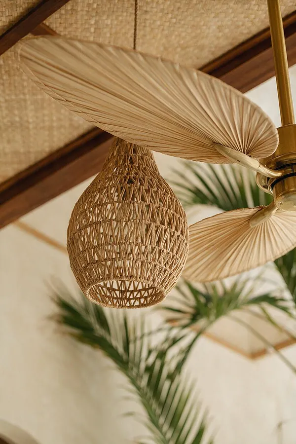 A close-up view of a tropical-style ceiling detail featuring a brass ceiling fan with palm-leaf-shaped blades and a woven rattan pendant light. The background shows warm wood trim, a woven ceiling texture, and soft green palm fronds against a light wall.