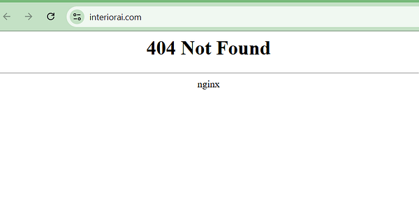 The image displays a web browser showing a '404 Not Found' error page for the website interiorai.com.