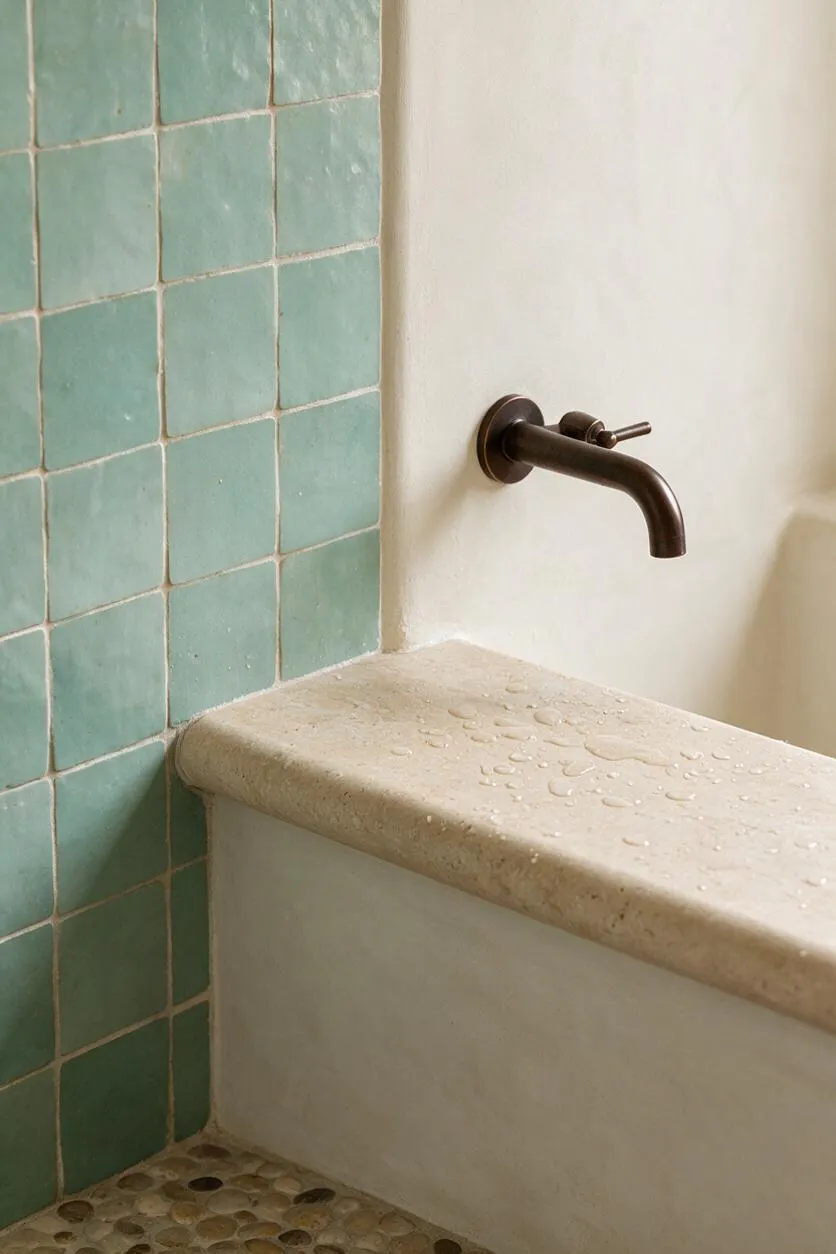 A Mediterranean-style bath niche with hand-glazed seafoam green square tiles on one wall, a warm beige stone ledge with visible water droplets, and a dark bronze wall-mounted faucet against a smooth limewashed plaster surface. The lower area shows a pebbled stone floor in earthy tones.