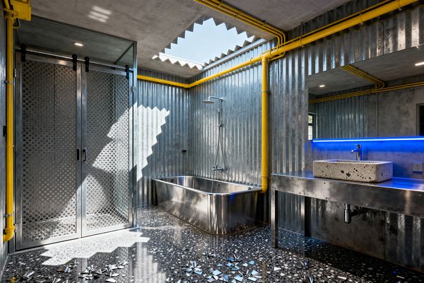 A contemporary industrial bathroom features corrugated metal walls, exposed yellow pipes, and a stainless-steel tub beneath a wall-mounted shower. A long mirror with blue LED backlighting sits above a steel vanity with a terrazzo-style concrete vessel sink. The black terrazzo floor includes reflective chips, and a jagged-edged skylight projects angular light patterns. A glass enclosure with perforated metal panels completes the space.