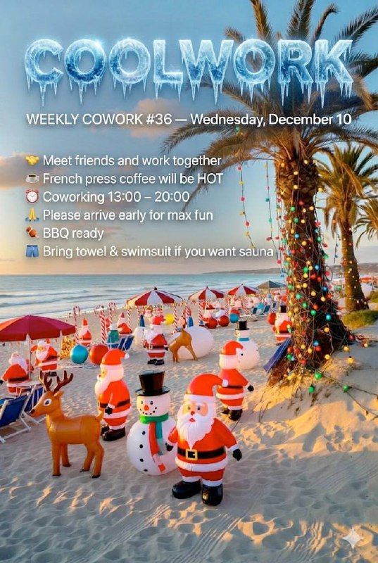 A festive beach scene featuring inflatable holiday decorations and a coworking event announcement.