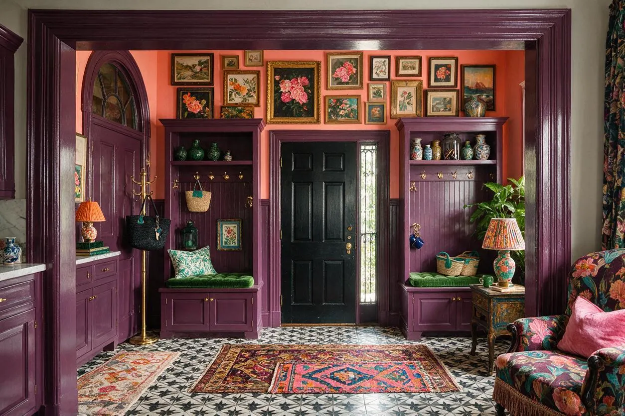 A richly decorated entryway features deep plum built-ins and trim, a black front door, and coral walls covered with a dense gallery of small framed botanical paintings. Patterned tile flooring, layered colorful rugs, green bench cushions, brass hooks, and floral textiles create a bold maximalist look.