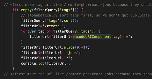 The image displays a code snippet related to generating a URL for job tags.