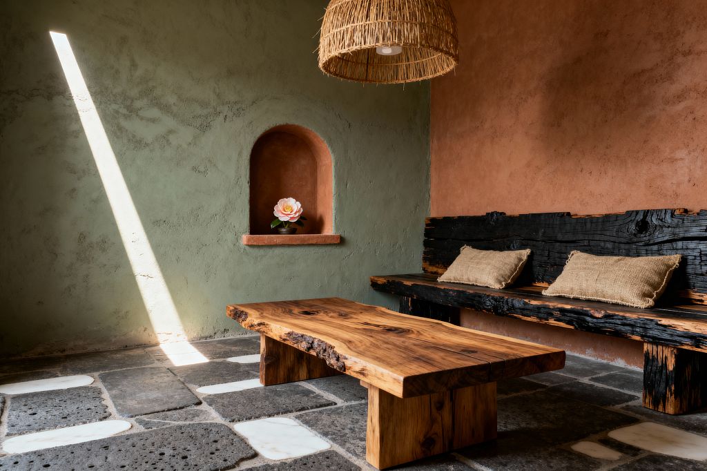 A minimalist Wabi-Sabi dining nook features rough plaster walls in sage green and terracotta, a live-edge solid wood low dining table, and a long bench finished in charred wood with two jute cushions. A woven rattan pendant, an arched wall niche holding a single flower, basalt stone flooring with white marble inlays, and a diagonal beam of natural light highlight the room’s raw textures and earthy palette.