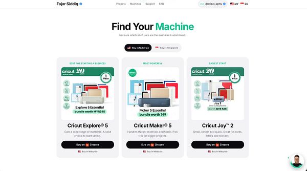 A webpage comparing three Cricut machine models with purchase options and descriptions.