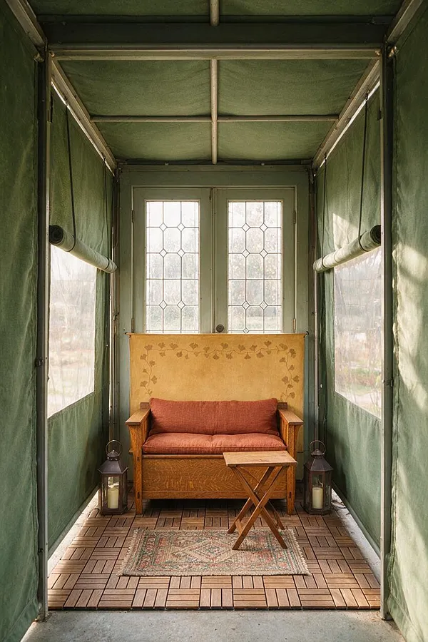 A narrow screened patio with green canvas walls and ceiling, a small wood bench with rust-colored cushions, and a yellow painted back panel. Two lanterns sit on the floor beside the bench, with a small folding wooden table and a patterned rug on interlocking wood deck tiles in the foreground.