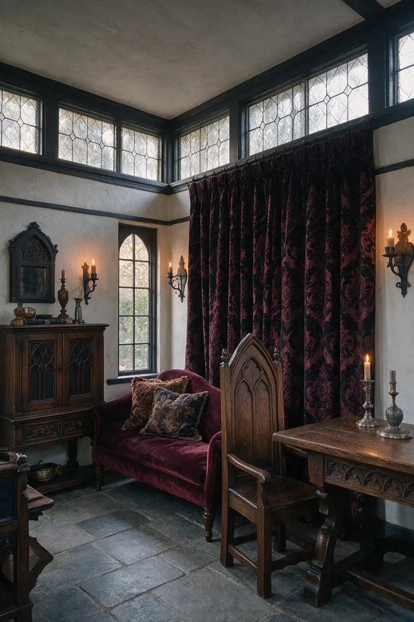 A moody Gothic-style sunroom with tall leaded windows, dark wood furniture, and deep burgundy velvet drapery. The room includes a carved cabinet, a velvet loveseat with patterned pillows, a pointed-back chair, wall sconces with lit candles, and a stone tile floor.