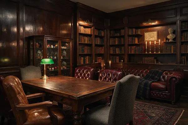 A moody dark academia game room with rich wood-paneled walls, built-in bookshelves filled with old books, and a large wooden game table surrounded by leather and upholstered chairs. A green banker’s lamp, brass candlelight, and a tufted burgundy sofa create a warm, scholarly atmosphere.