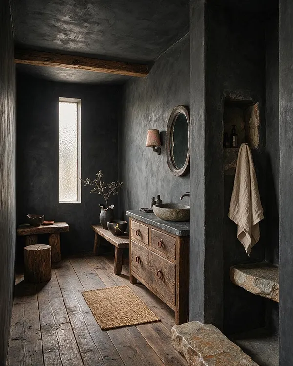 A narrow master bathroom with dark plaster walls, weathered wood flooring, and a rustic wood vanity topped with a stone sink. A small frosted window, oval mirror, built-in stone niches, and a beige towel add to the quiet, handcrafted Wabi-Sabi atmosphere.