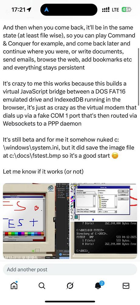 The image displays a technical setup involving a virtual DOS FAT16 drive and IndexedDB within a web browser interface.