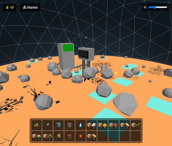 A 3D virtual environment depicting an abandoned dome farm with various objects and resources.