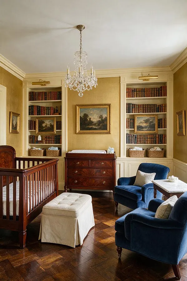 A traditional nursery with a dark wood crib, built-in bookshelves filled with old books, and a crystal chandelier hanging from the ceiling. Navy velvet armchairs, a tufted cream ottoman, framed landscape paintings, and gold walls create a formal, classic atmosphere.