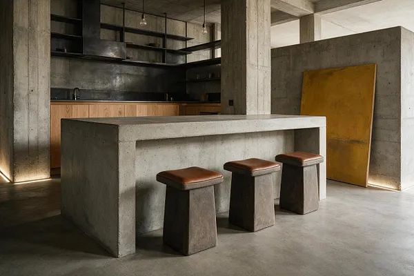 A brutalist kitchen with a large monolithic concrete island, three angular stools with brown leather seats, and dark open shelving along the back wall. Concrete pillars and walls frame the space, while warm wood lower cabinets and a large leaning yellow panel add contrast.