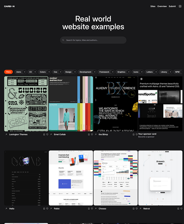 The image displays a collection of website examples on the Carbon platform, showcasing various designs and templates.