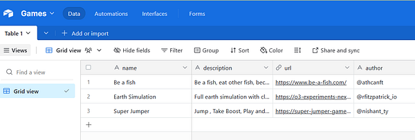 A grid view of a database table listing AI games with their details.