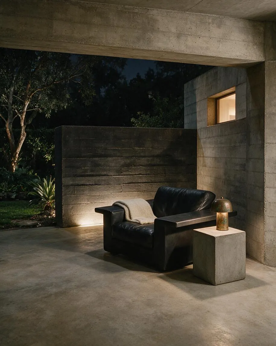 A brutalist patio with exposed concrete walls, ceiling, and floor, centered around a black leather lounge chair with a light throw. A small concrete side table holds a brass lamp, and soft warm lighting highlights the textured surfaces against the dark outdoor backdrop.