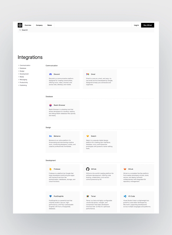 Website template interface of Alfred SaaS marketing site built with Astro, showcasing homepage design with navigation and call-to-action elements.