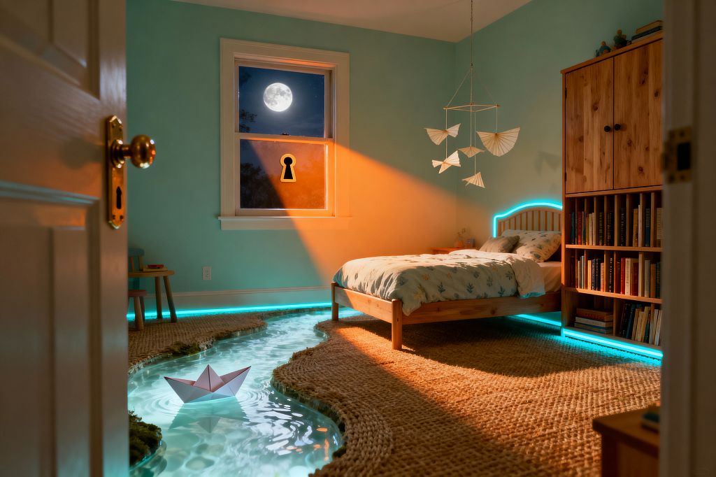 A children’s bedroom with mint walls features a pine bed with pale blue, leaf‑print bedding, a tall pine wardrobe with a built‑in bookcase, and a paper bird mobile. A glowing water stream curves through the woven jute rug with a paper boat floating, neon‑cyan LED lighting outlines the bed and walls, and a window showing a full moon has a keyhole shape that projects a warm orange beam across the floor and bed.