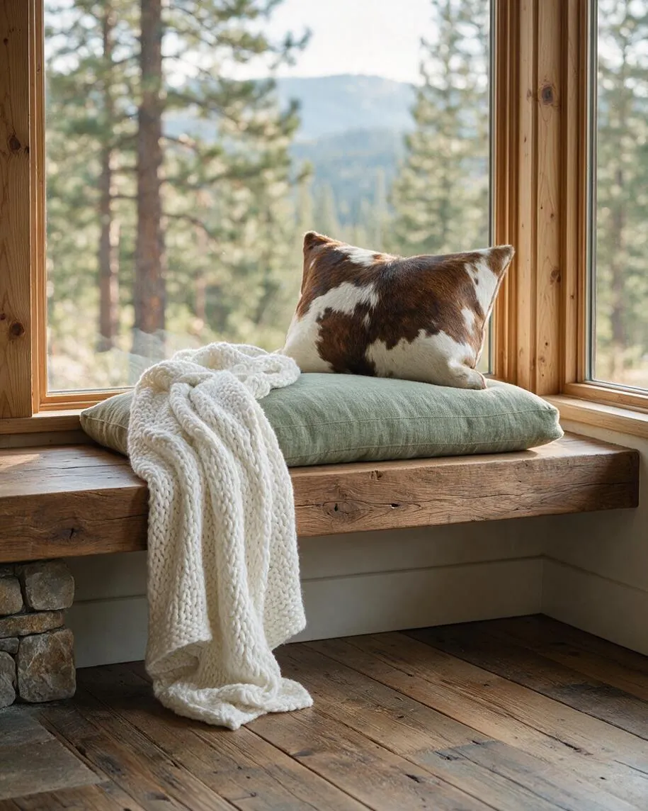 A cozy rustic window seat sits beside large picture windows framing a wooded mountain landscape. The bench is made of thick reclaimed wood and styled with a sage green cushion, a brown-and-white patterned pillow, and a chunky cream knit throw draped over the edge.