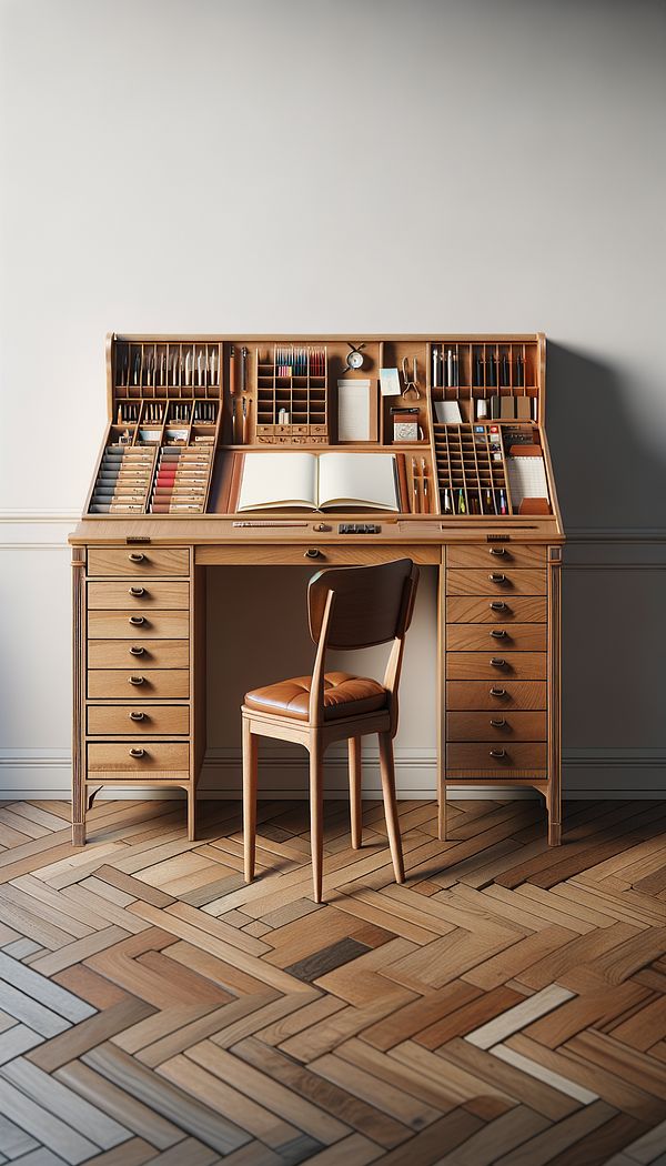 A beautifully crafted wooden secretary desk placed against a plain wall, with the writing surface folded down to reveal cubbies and drawers filled with stationery items. A stylish chair is positioned in front of the desk.