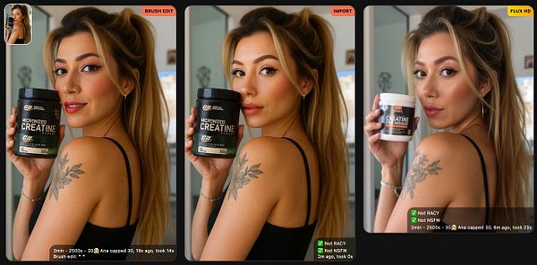 A woman poses with two different containers of creatine supplement in a photo editing interface.