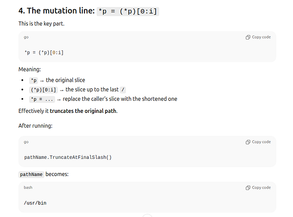 The image presents a programming explanation focused on pointer manipulation in Go.