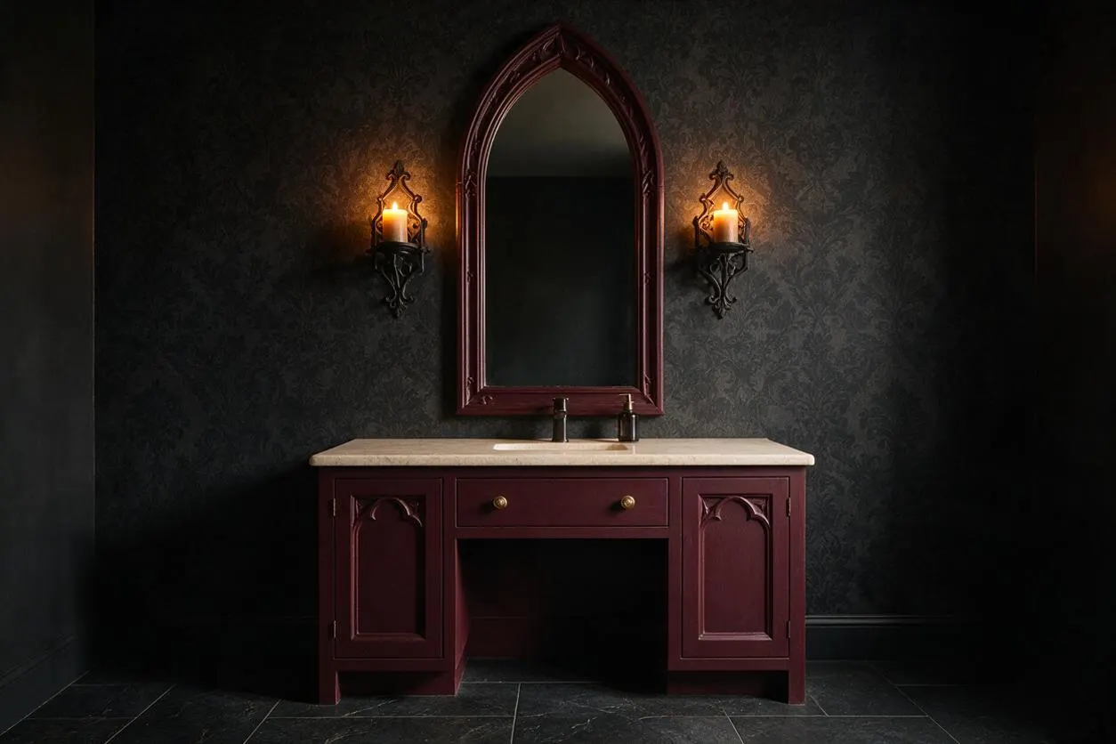 A dark Gothic-style master bathroom featuring a deep burgundy vanity with carved cabinet doors, a light stone countertop, and an arched matching mirror. Two wall sconces with candle-like bulbs glow warmly on either side, set against black textured walls and dark floor tiles.