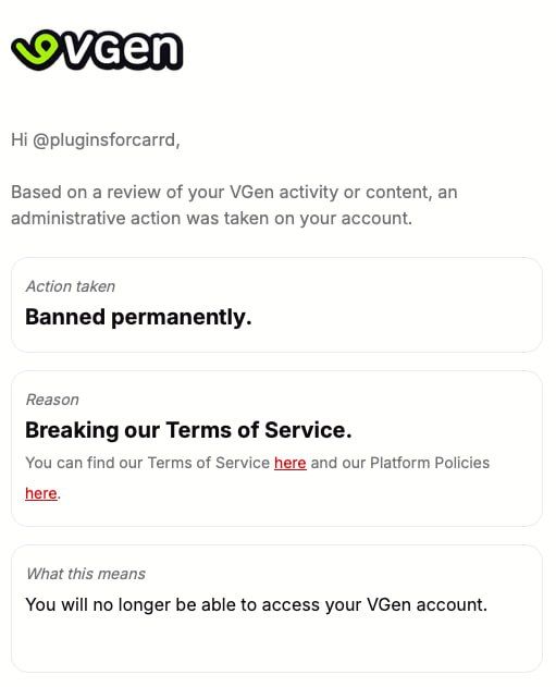 Screenshot of a Discord conversation discussing being banned from a Vgen channel related to plugins for Carrd.