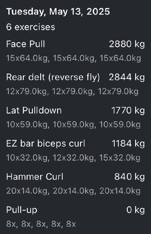 A workout log detailing six exercises performed on May 13, 2025, with corresponding weights and repetitions.