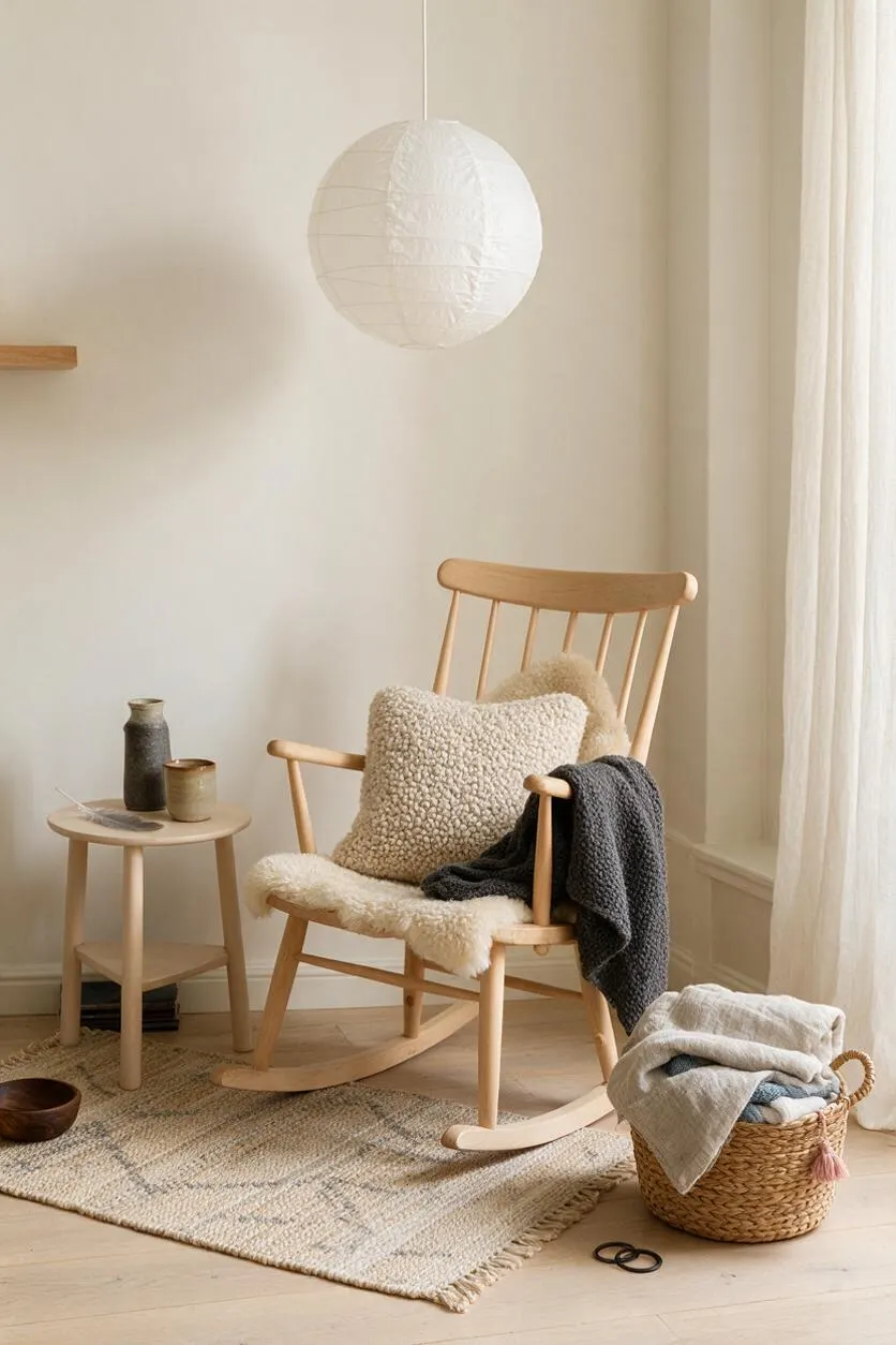 A serene Scandinavian-style reading nook with a light wood rocking chair covered in a fluffy cream throw and textured pillow. A small round side table, woven basket with folded blankets, soft sheer curtains, and a paper pendant light complete the warm neutral space.