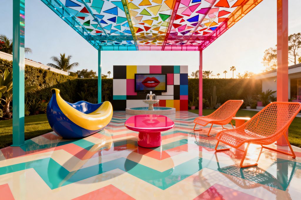 An outdoor patio sits beneath a translucent canopy of colored acrylic triangles that cast vibrant light onto a glossy chevron floor in teal, coral, cream, and pink. A sculptural blue-and-yellow banana-shaped seat, a hot-pink coffee table, and two orange mesh loungers face a color-block wall with a screen showing red lips and a round concrete fountain, framed by hedges, palm trees, and warm sunset light.