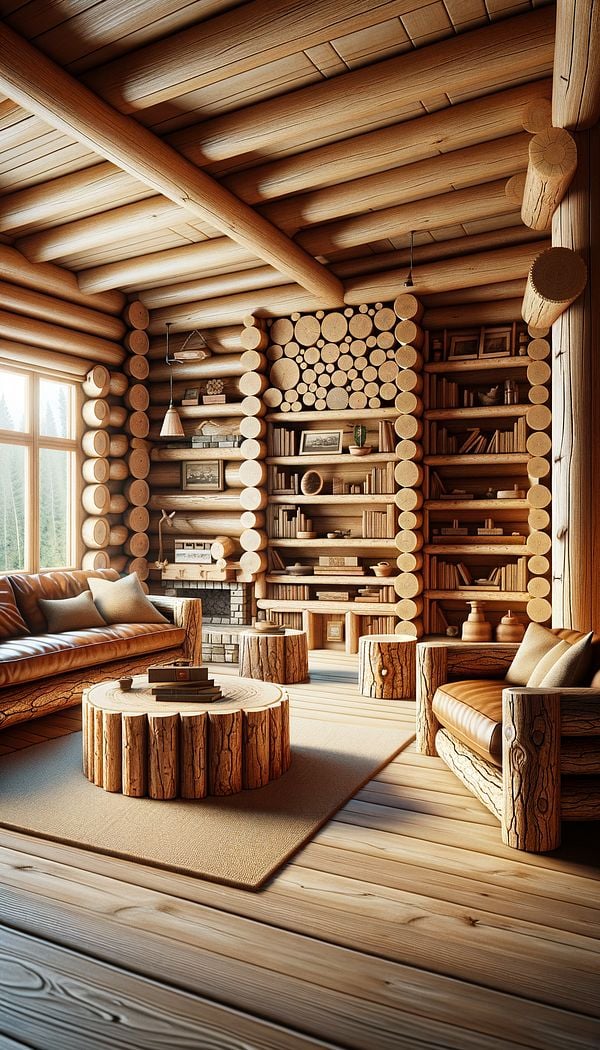 A cozy cabin living room filled with various log furniture pieces, including a sofa, coffee table, and bookshelves, showcasing the unique textures and warm tones of the wood.