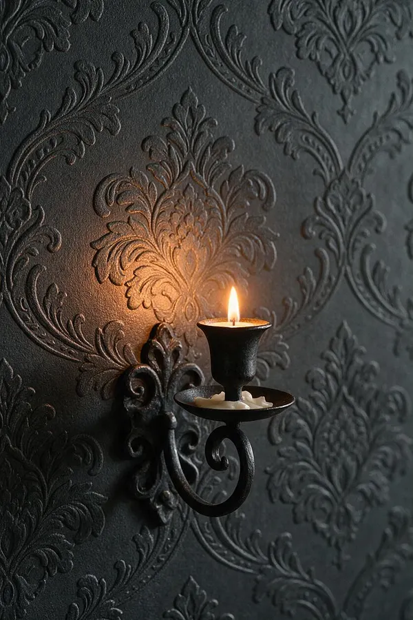 A close-up view of a black wrought-iron wall sconce holding a small lit candle against dark embossed wallpaper. The wallpaper features raised damask scrollwork, and the warm flame creates a soft amber glow on the textured surface.