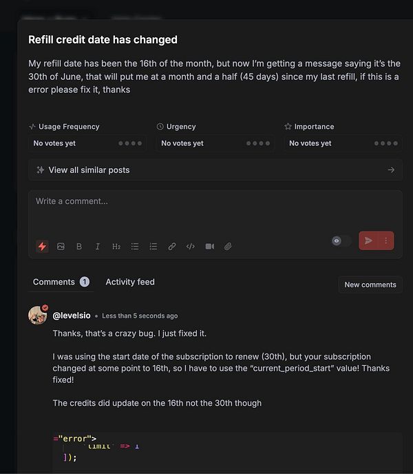 A user reports an issue regarding their credit refill date in a task management interface.
