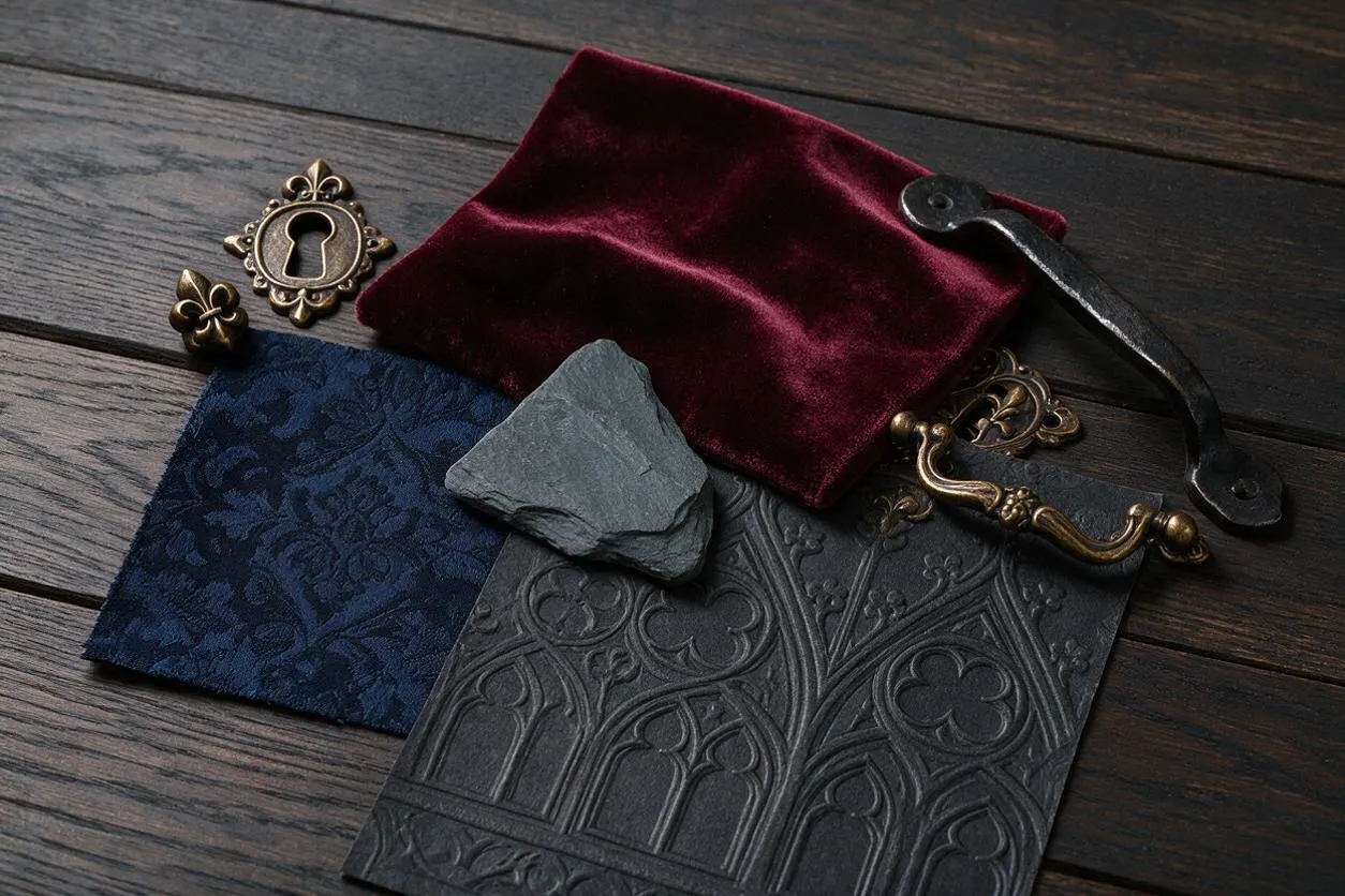 A flat lay of Gothic-inspired material samples arranged on dark wood boards, including burgundy velvet, navy floral fabric, a slate stone piece, and a black embossed panel with pointed arches. Decorative brass hardware and a wrought-iron handle add antique character and a medieval feel.