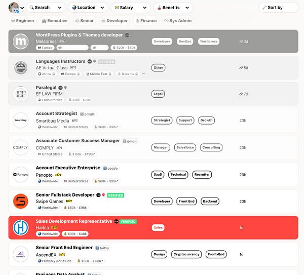The image displays a job listing interface from a remote job board, showcasing various job postings with details such as job titles, companies, locations, and salary ranges.
