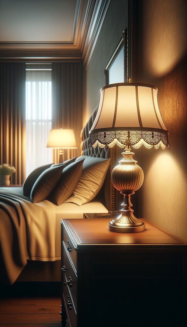 An elegant table lamp with a soft, warm glow on a wooden nightstand next to a comfortable bed, creating a cozy and inviting atmosphere in the bedroom.