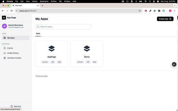 The image displays a dashboard interface for managing apps, showcasing two app entries.