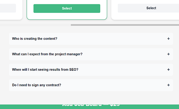 The image displays a modal interface for adding FAQs to SEO packages.