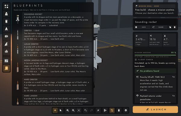 User interface of a space mission builder showing blueprint rocket options and detailed mission info for a sounding rocket.