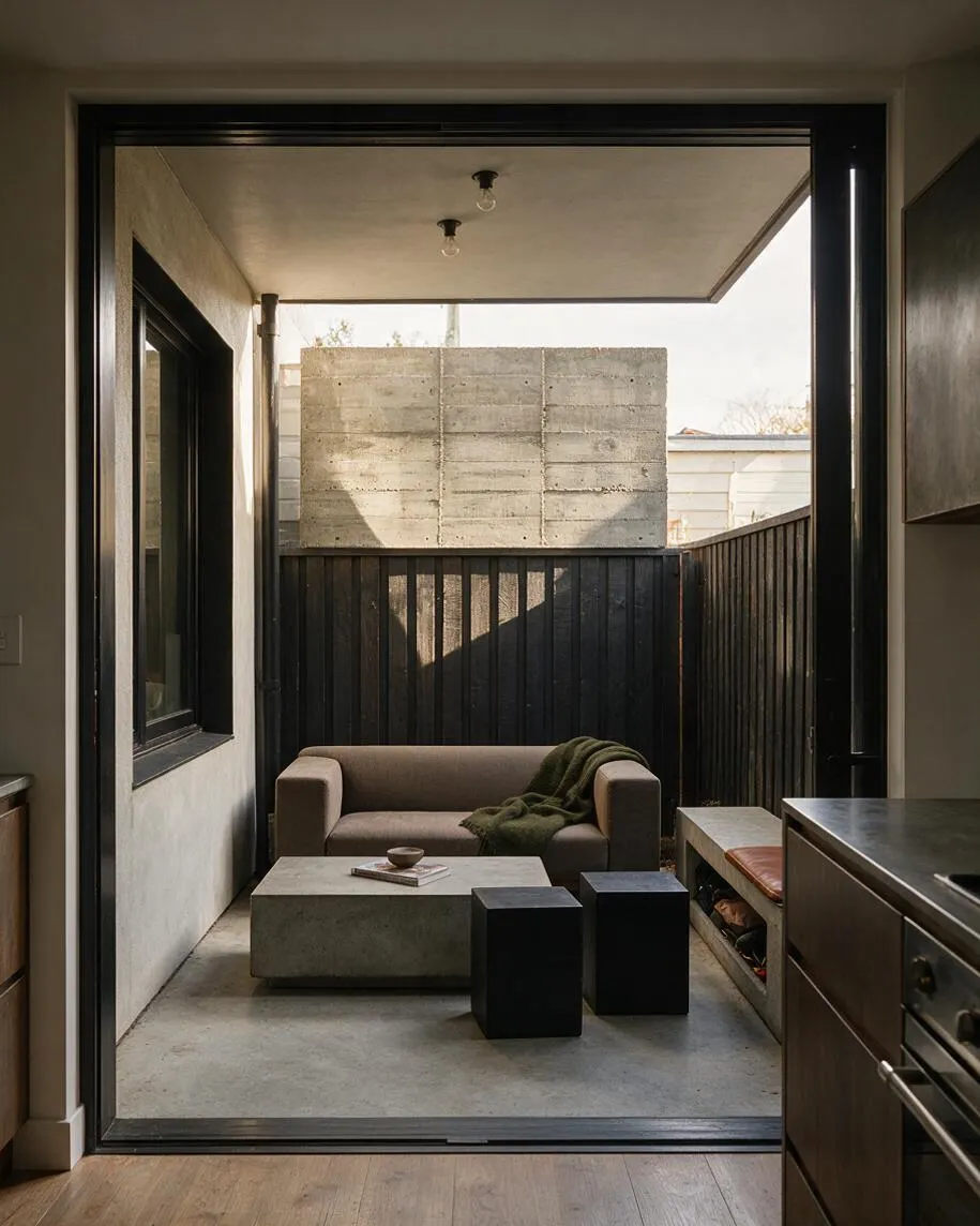 A narrow backyard lounge viewed through a large open doorway, featuring a raw concrete wall, dark vertical timber fencing, and a simple low sofa with a draped throw. A concrete coffee table and black cube stools sit on the concrete floor under a covered overhang, creating a minimal Brutalist outdoor living space.