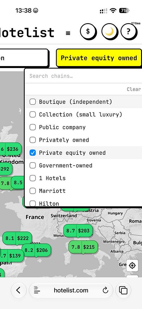 User interface of a hotel booking website with a dropdown filter for different ownership types, highlighting the private equity owned filter.