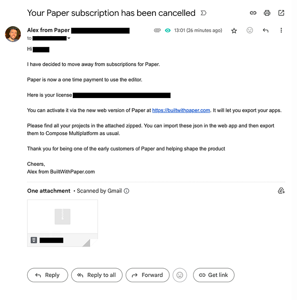 An email notification regarding the cancellation of a Paper subscription.