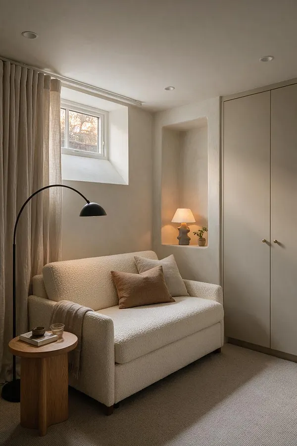 A compact modern basement seating area with a cream bouclé loveseat, neutral pillows, a black arched floor lamp, and a small round wood side table. Soft beige curtains, a recessed wall niche with a table lamp, a small window, and built-in cabinet doors create a calm, minimalist atmosphere.