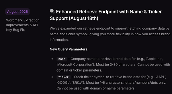 The image displays a task update regarding enhancements to a brand retrieval API endpoint.