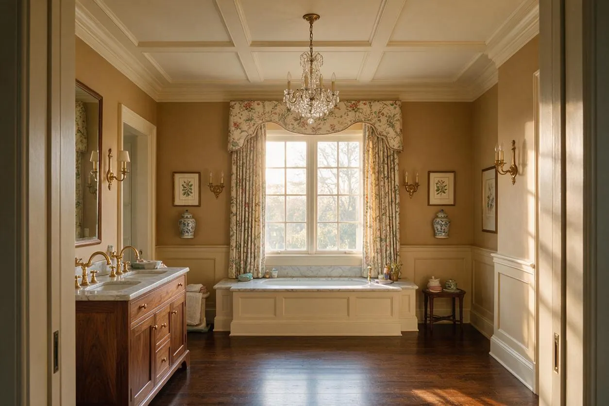 A traditional master bathroom with warm tan walls, white coffered ceiling, and a crystal chandelier centered above a large window. A wood vanity with a marble countertop sits on the left, while a built-in window seat or soaking tub surround is framed by floral drapes and a matching valance.